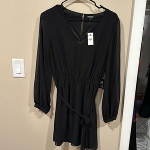 Black chiffon dress with tie belt